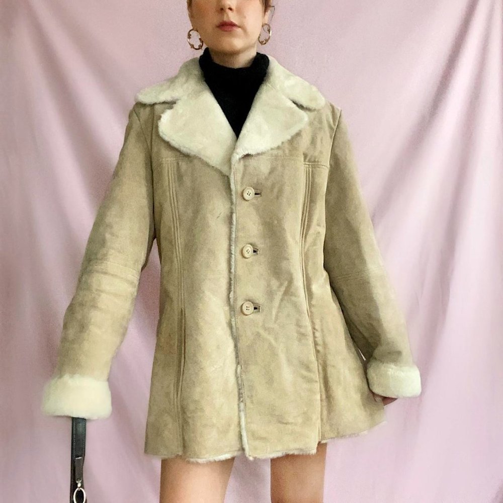 Vintage cream suede faux fur lined coat.
